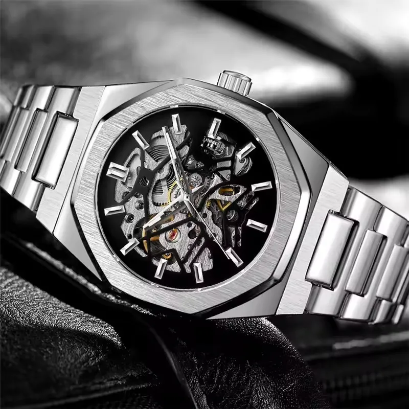 FORSINING 344D Top Brand Luxury Skeleton Automatic Mechanical Men's Watch Hollow Design Luminous Stainless Steel Strap Clock Men