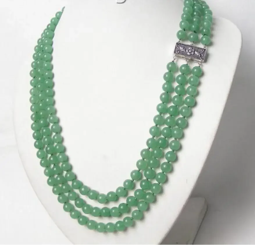 

Новое горячее 3-рядное 8 мм 100% натуральное круглое ожерелье из зеленого нефрита