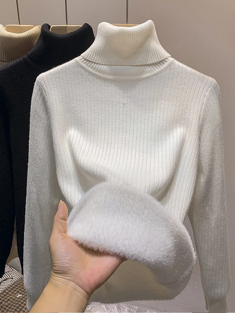 Winter Warm Slim Turtleneck Sweater Tops New Thicken Casual Fleece Lined Knitted Pullover Women Soft Big Stretch Knitwear Sueter