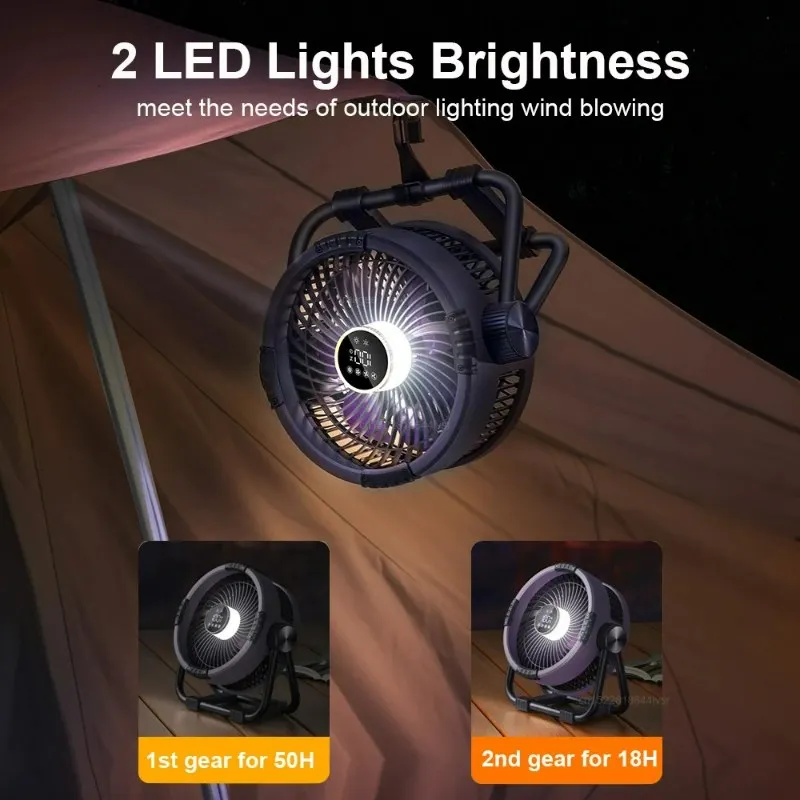 مروحة تخييم قابلة للتخصيص 20000 مللي أمبير في الساعة قابلة لإعادة الشحن مروحة توزيع التخييم المحمولة مروحة سقف خيمة لاسلكية مع ضوء LED