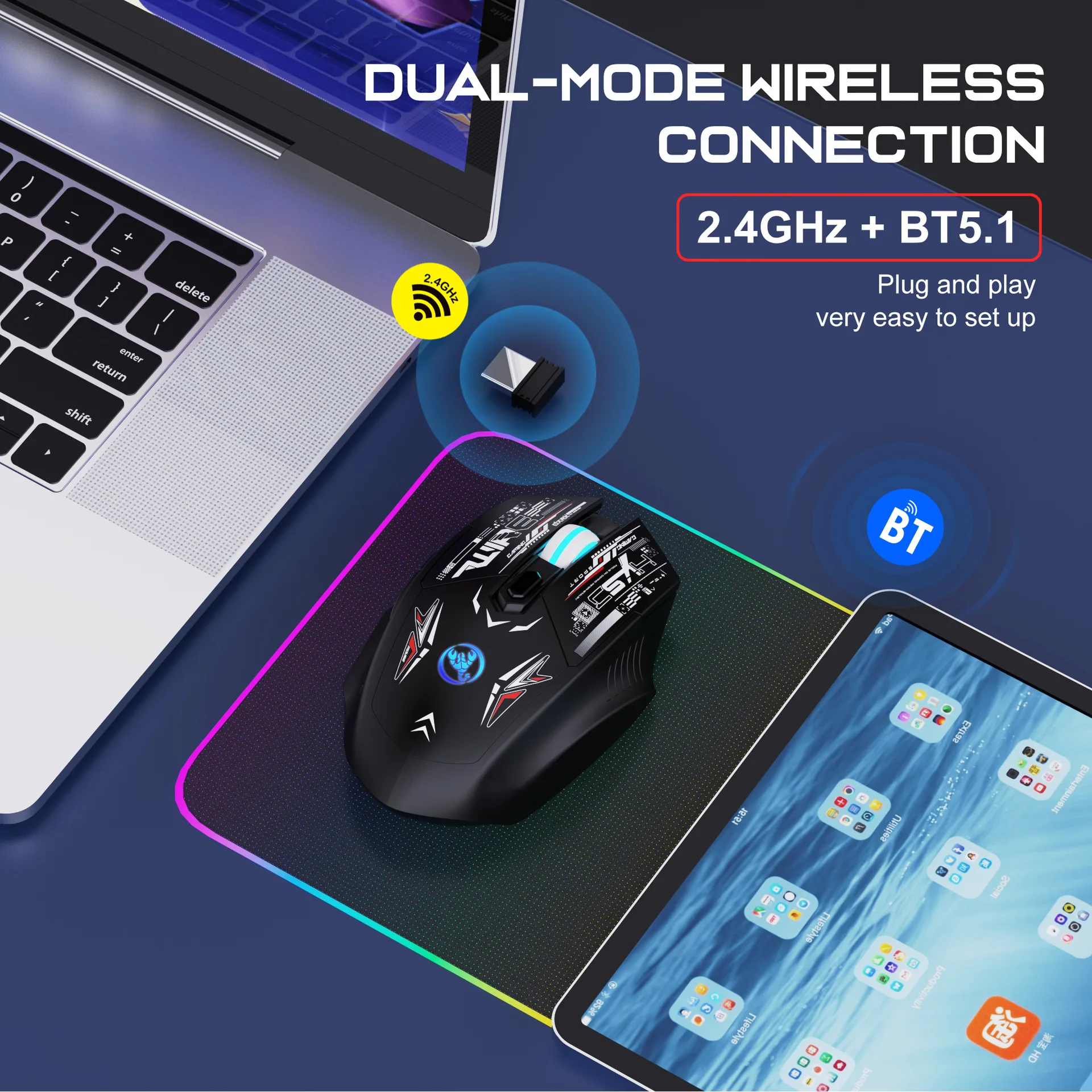 HXSJ T38 Wireless Gaming Mice Dual-Mode Bluetooth 5.1 Support PC Games Rechargeable Noiseless Mouse Cool Colorful Lights