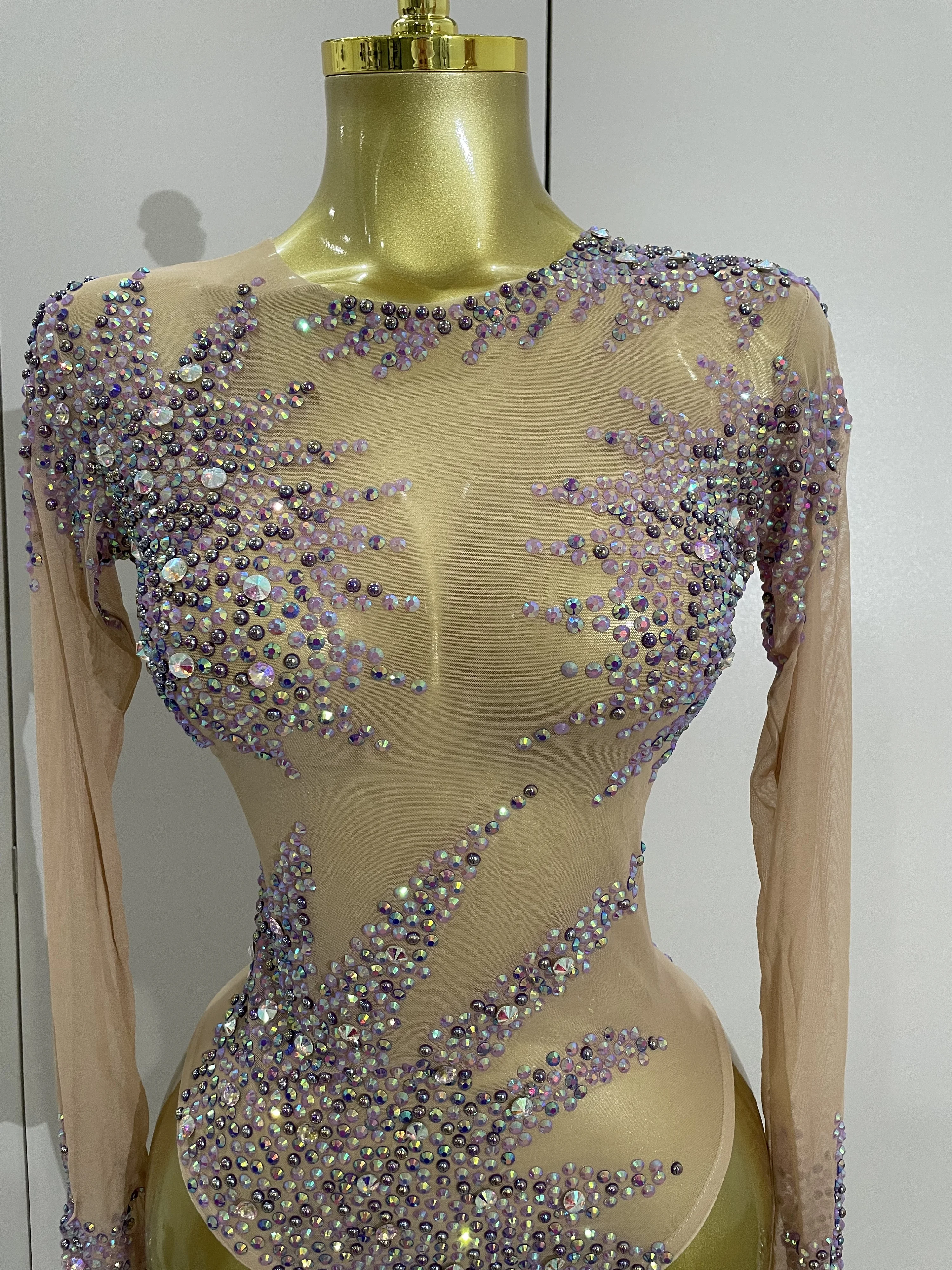 

Shinny Rhinestones Sexy Mesh Transparent Stretch Bodysuit Women Evening Birthday Party Bar Nightclub Stage Performance Costume