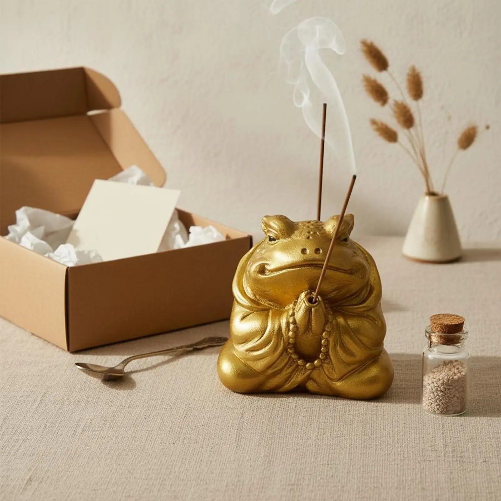 

Golden Toad Incense Holder Gold Finish Praying Frog Incense Stand Ornament Tabletop Decoration Ash Catcher for Tea Room, Office