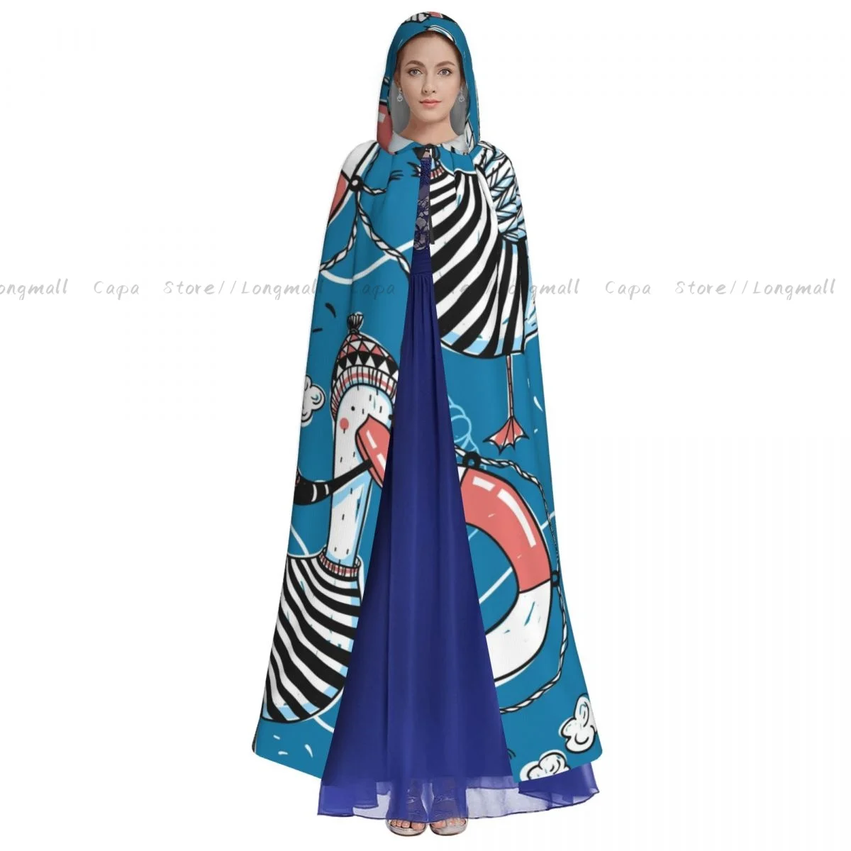 Adult Halloween Nautical Sailors Fishes Anchor Pattern Cloak Cape Hooded Medieval Costume Full Length Dress Coat