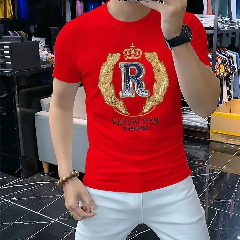 T-shirt Men\'s New Summer 2023 Short Sleeve Letter Crown Sequin Embroidery O-Neck Slim Red Top Luxurious Trend Party Man Clothing