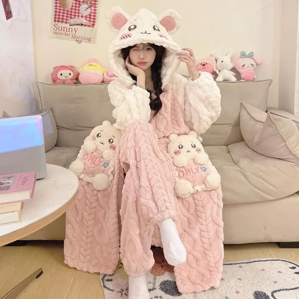 Conjunto de pijama de felpa de Hello Kitty para mujer, camisón grueso con capucha de Anime Sanrio Kawaii Chiikawa, ropa de casa cálida y bonita de lana Coral para invierno