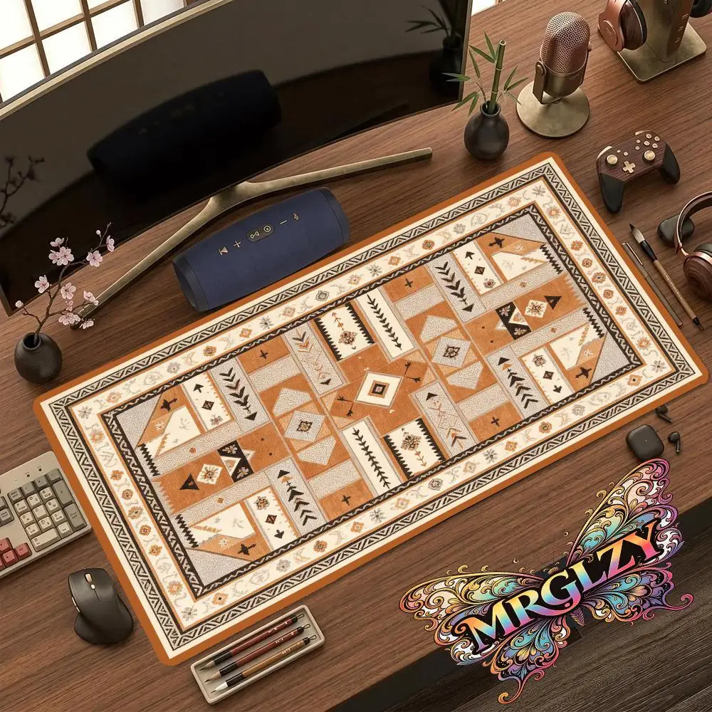 Tan Tribal Geometric Persian Rug Pattern Play Mat Large Size Non Slip Base For Kids Playroom