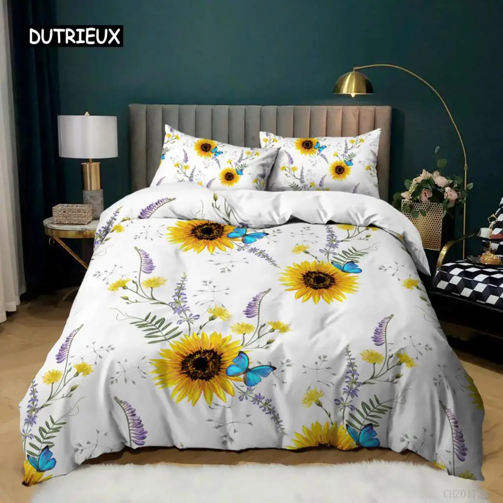 

Sunflower Duvet Cover Set King Size 3D Sunflower Butterfly Nature Bedding Set Botanical Plants Novelty Polyester Comforter Cover