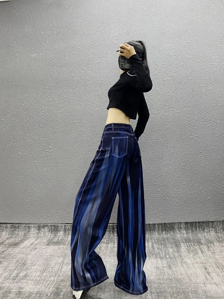 2025 Spring and Autumn Women's Tie-Dye Washed Casual Jeans High Waist Loose Slimming Versatile Wide-Leg Floor-Length Pants