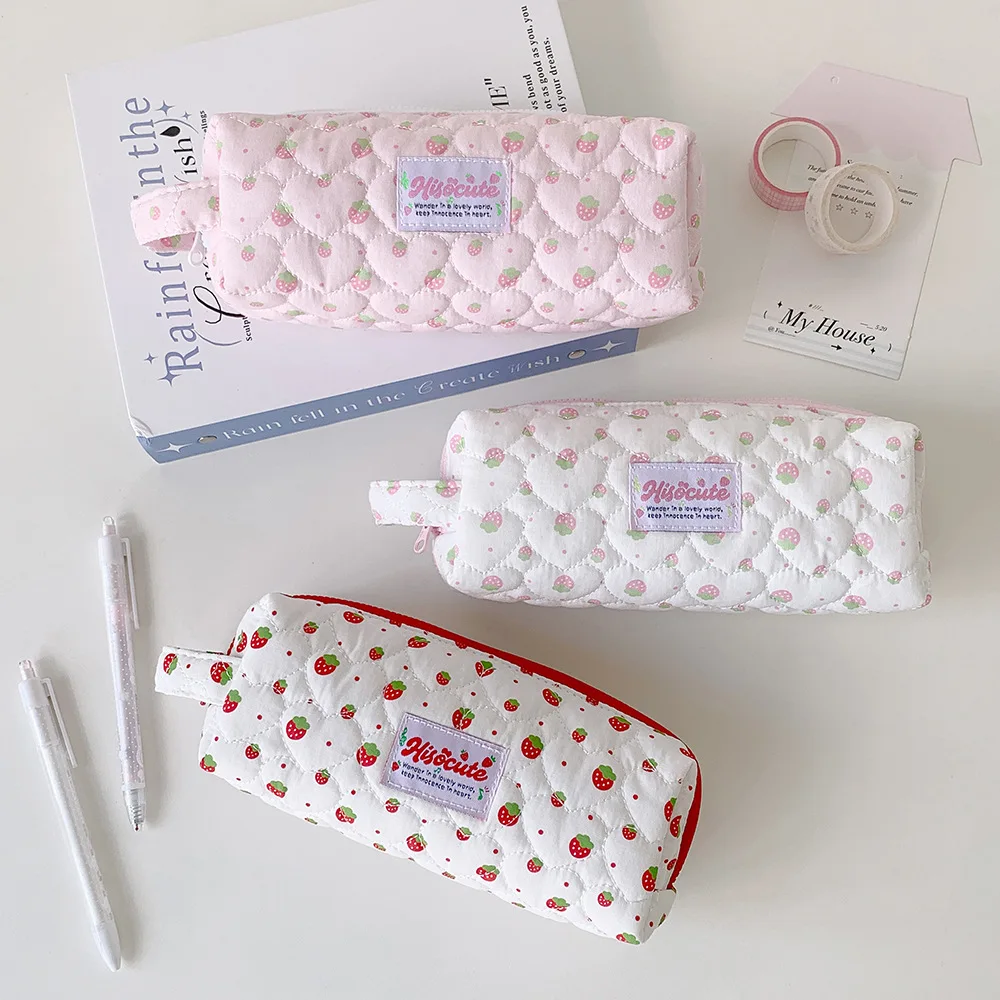 Cartoon Strawberry Quilted Padded Pencil Case Student Stationery Storage Bag High Aesthetic Pencil Case with Divider