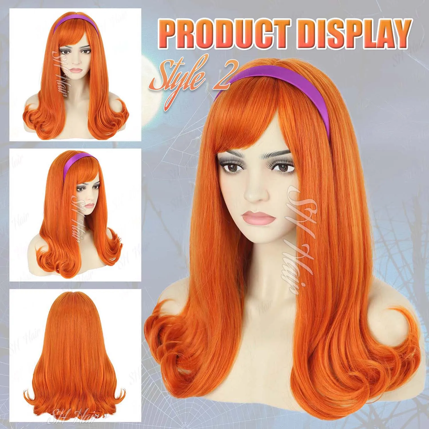 Synthetic Long Curly Orange Wig+Purple Headband Daphne Wig,Brown Wig with Bangs+Glasses+Magnifying Glass Velma Wig for Halloween - view 3