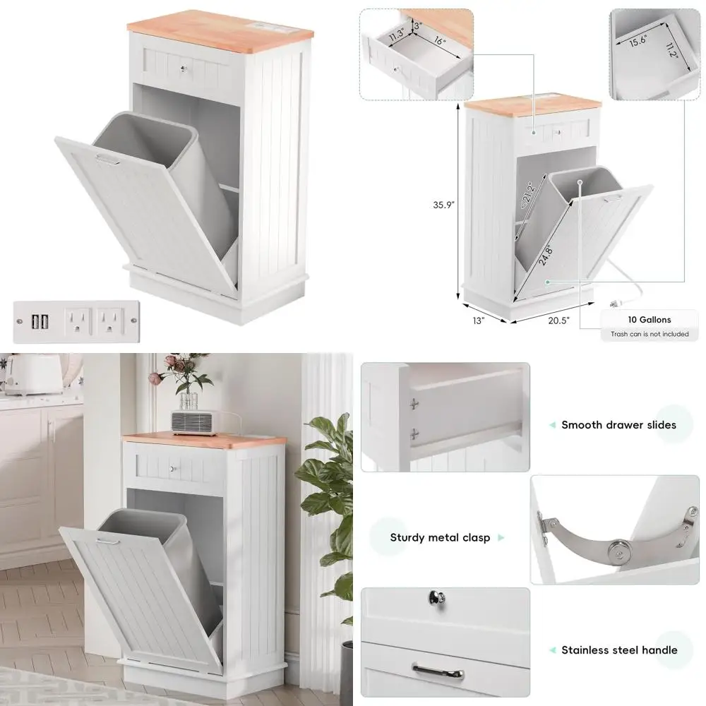 

Двойная мусорная корзина на 10 галлонов с розеткой, отсеком для хранения, портами AC и USB для кухни или гостиной (белая)