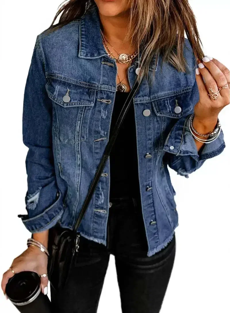 Dameskraag Denim Jaet Long Sve Niet-elastische versleten look Turn-down kraag Jeans Jaet Straight Cut Europese Sle