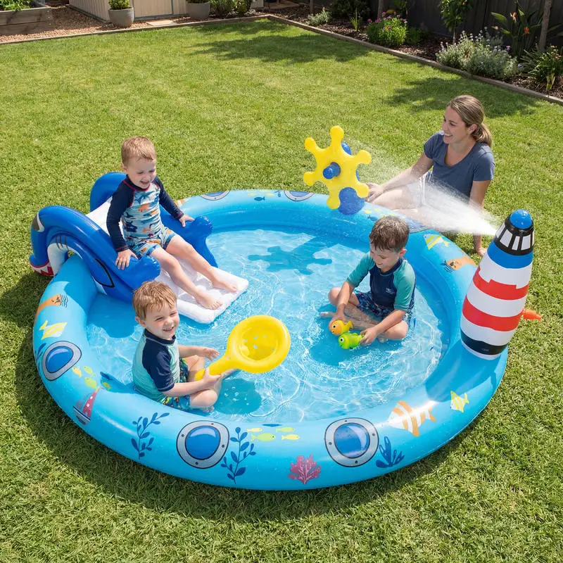 

Inflatable Play Center Marine Life Spray Pool with Shark-shaped Slide Lighthouse Sprinkle