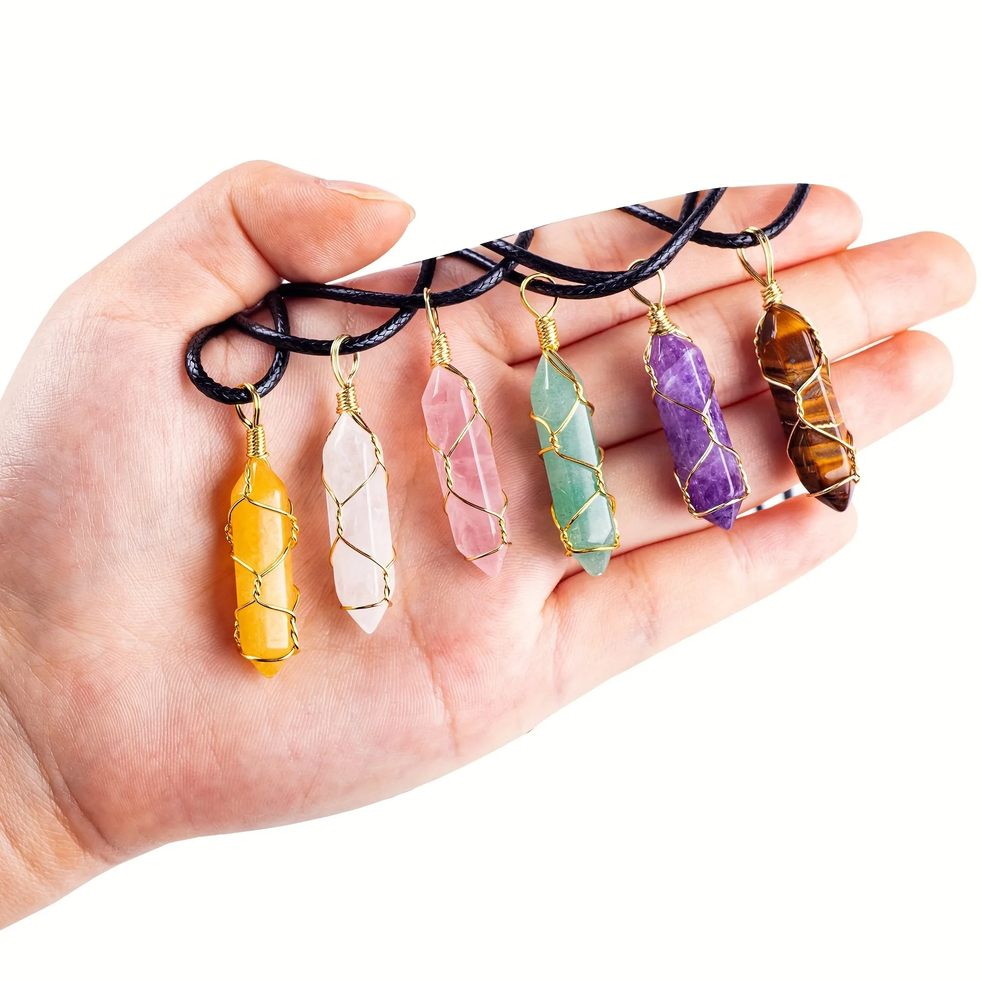 10-teiliges Set mit mehrfarbigen, sechseckigen Anhängern aus Glas und Kupferdraht, geeignet für den täglichen Gebrauch. – Detail 4
