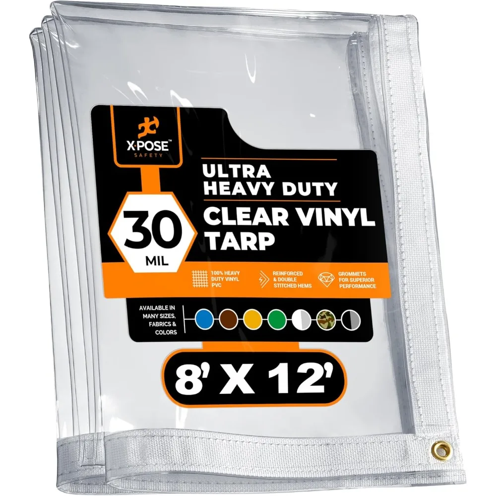 

8' x 12' Clear Vinyl Tarp - 30 Mil Super Heavy Duty Transparent Waterproof PVC Tarpaulin with Brass Grommets - for Patio Enclosu