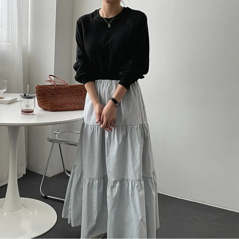 Chic Korean Style round Neck Sweatshirt Dress High Waist Striped Loose Fit Women's Casual Spring Early Season Fashion