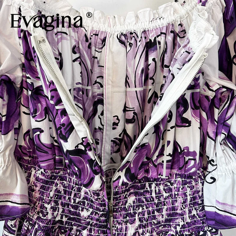 Evagina 2025 الخريف كشكش الأرجواني السيراميك طباعة حفلة السفر الترفيه قارب الرقبة قصيرة الأكمام ملابس علوية من القطن