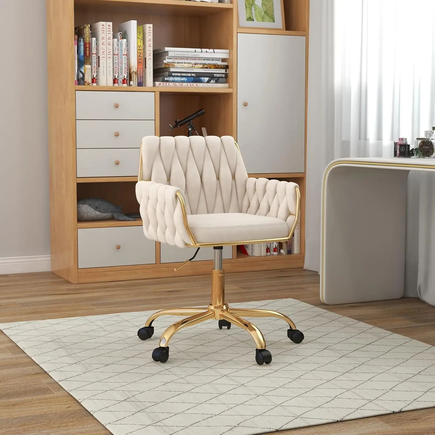 

Velvet Office Chair Height-Adjustable Swivel Metal Base Hand-Woven Backrest Bedroom Study Desk Task, Custom