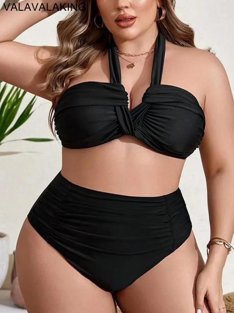 2024 Black 2 Piece Plus Size Bikini Women Tied Halter Large Swimsuit High Waist Lady Swimwear Push Up Chubby Curvy Bathing Suit