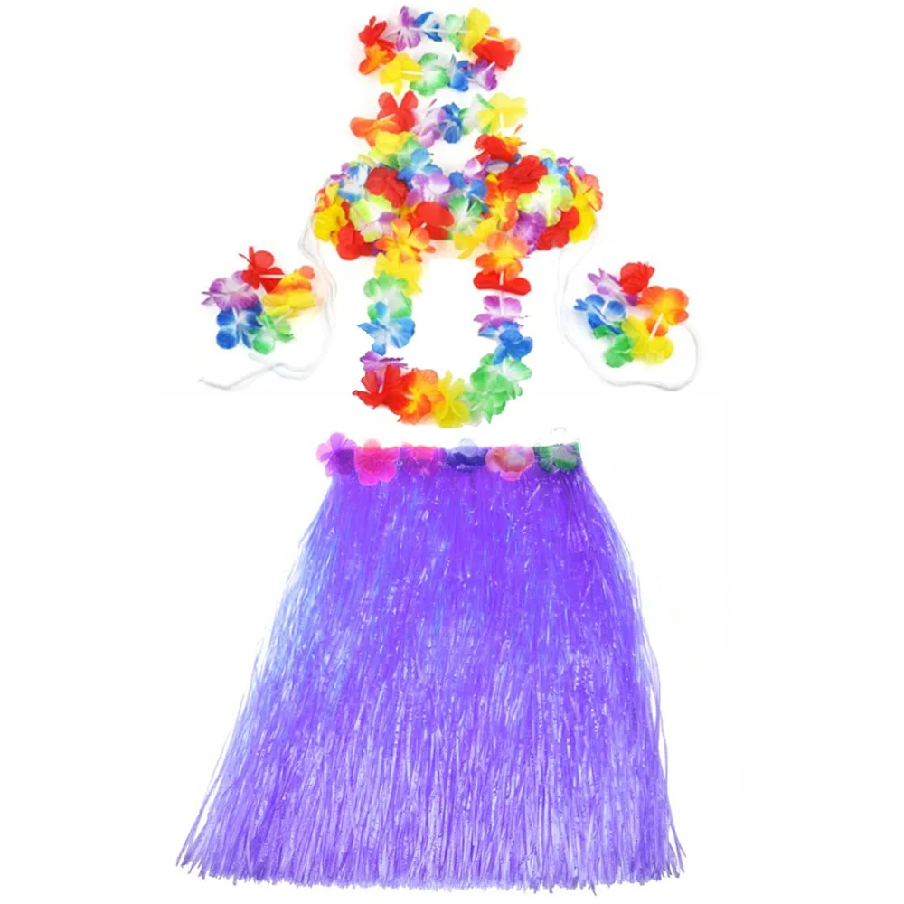 Hawaiian Luau Party Decorations Costumes Set with 60CM Length Skirt + Headwear Headband + Lei Garland + Wristbands + Bra