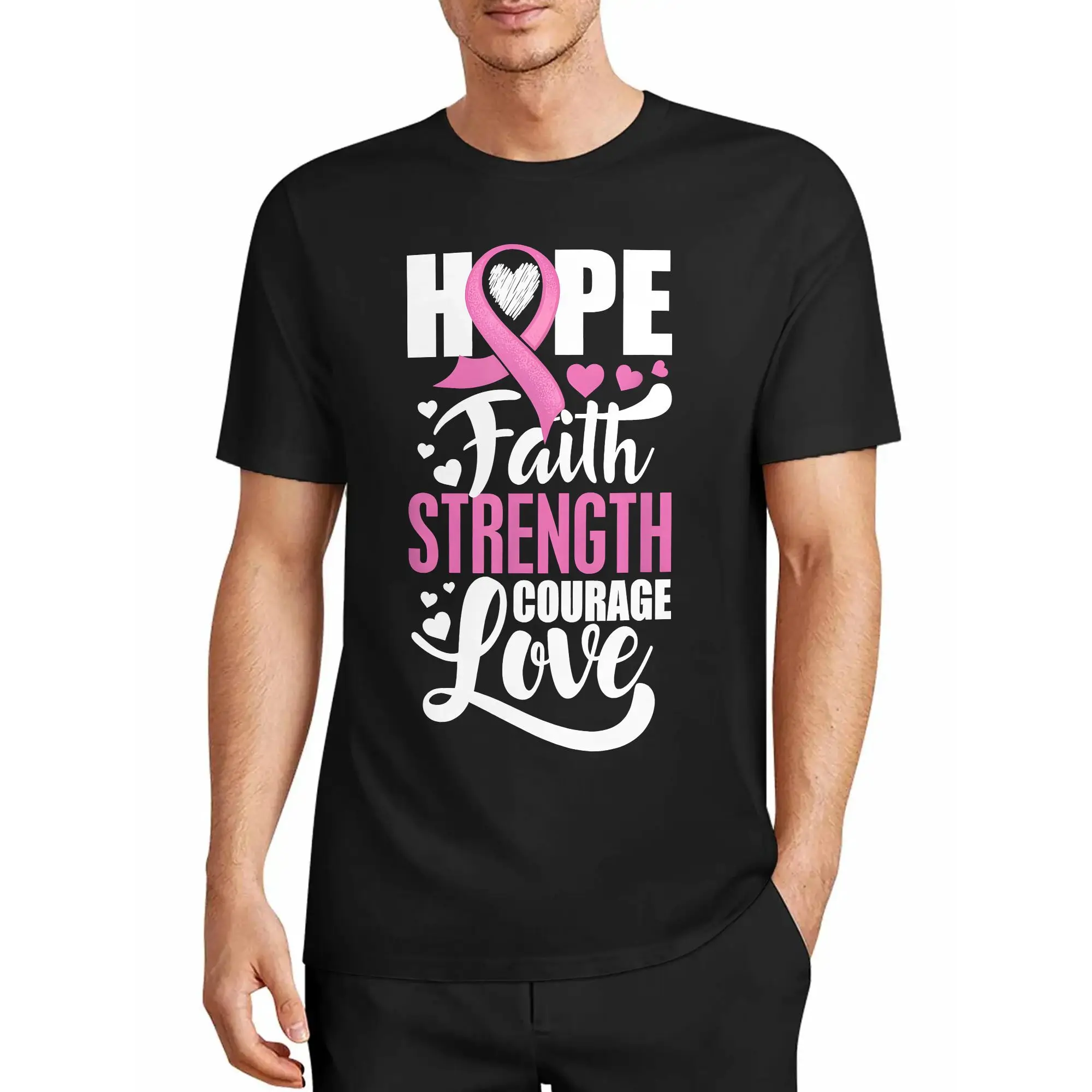 Men's T-Shirt: Hope, Faith, Strength, Courage, Love—Breast Cancer Awareness Casual Style, Comfortable Fit