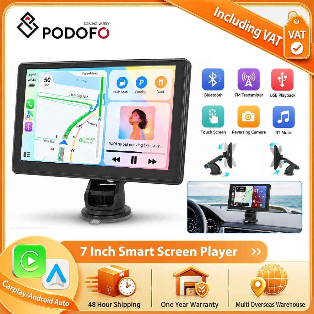 Podofo 7-calowy bezprzewodowy odtwarzacz MP5 z funkcją CarPlay i Android Auto, nawigacją GPS, funkcją Mirror Link, transmisją FM, inteligentnym ekranem, odtwarzaczem muzyki przez BT, EQ, AUX,