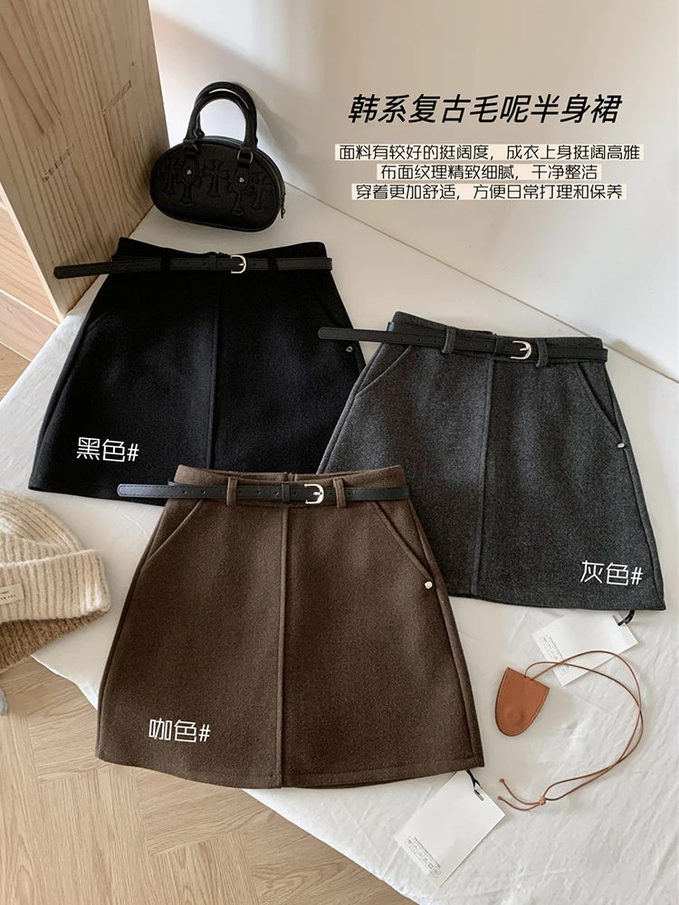 

Fall Winter Women Vintage Woolen A-line 2000s Aesthetic Old Money Mini Skirt Gyaru Coquette Korean Shoujo Girl Preppy Old Money