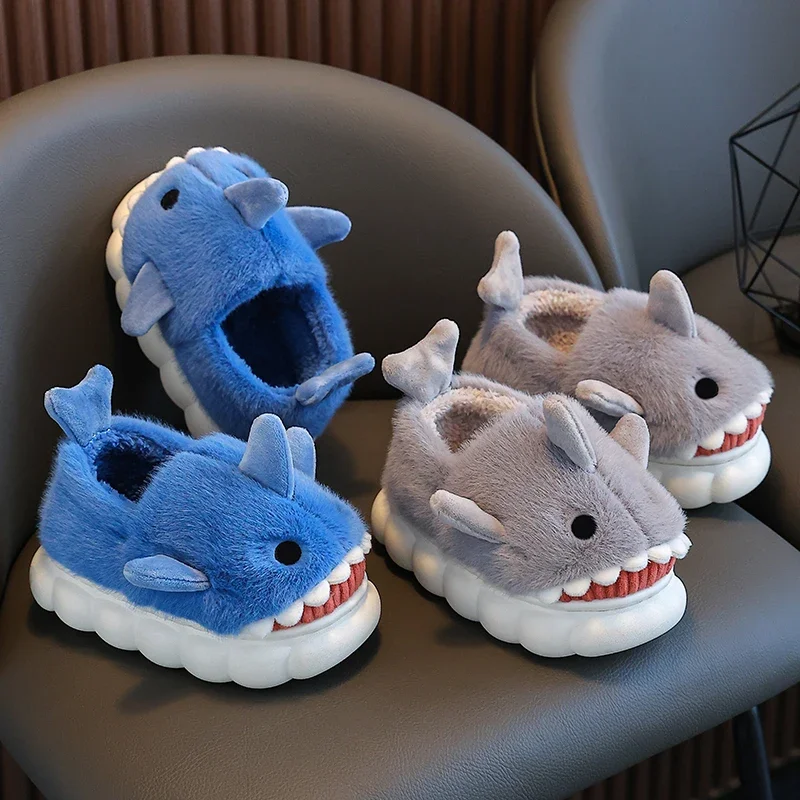 Winter Heel Wrap Cotton Slippers Children\'s Cute Cartoon Shark Non-slip Soft Sole Kids Boys Girls Junior Warm Plush Home Shoes