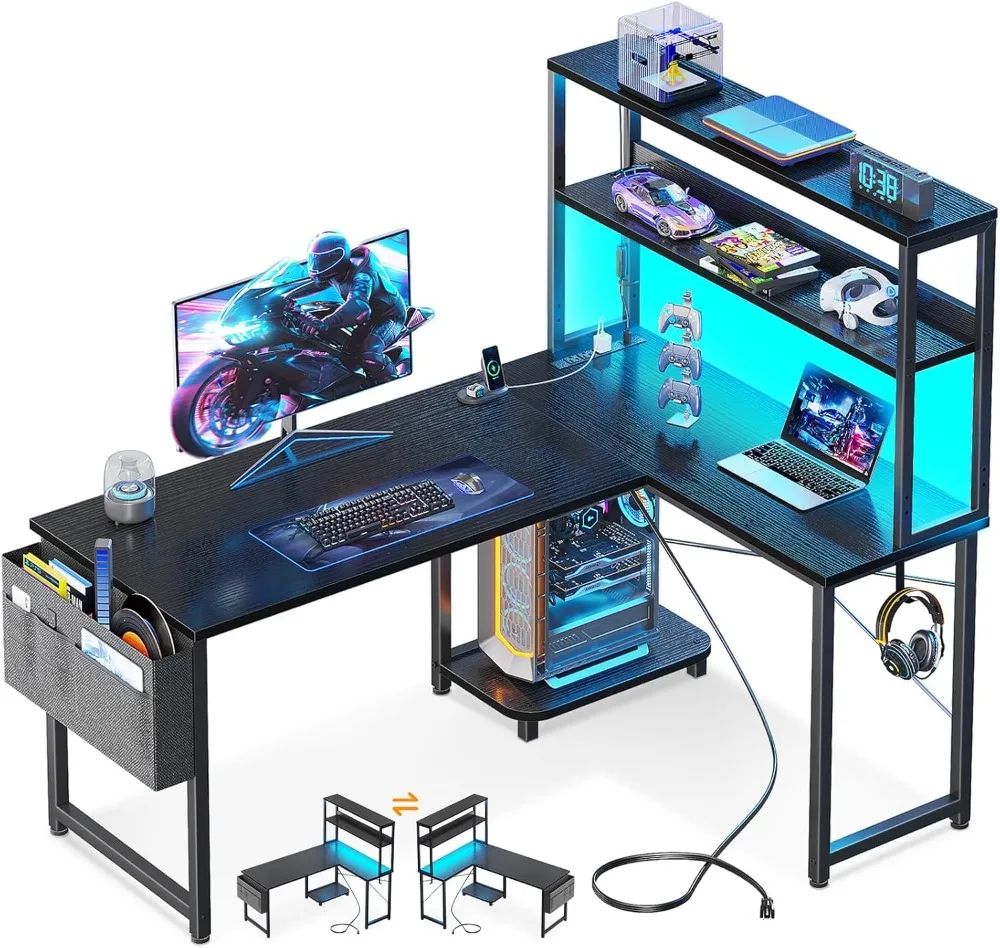 مكتب ألعاب على شكل حرف L قابل للعكس مقاس 43 بوصة مع منافذ طاقة وأضواء LED وأرفف تخزين للمكتب المنزلي #2