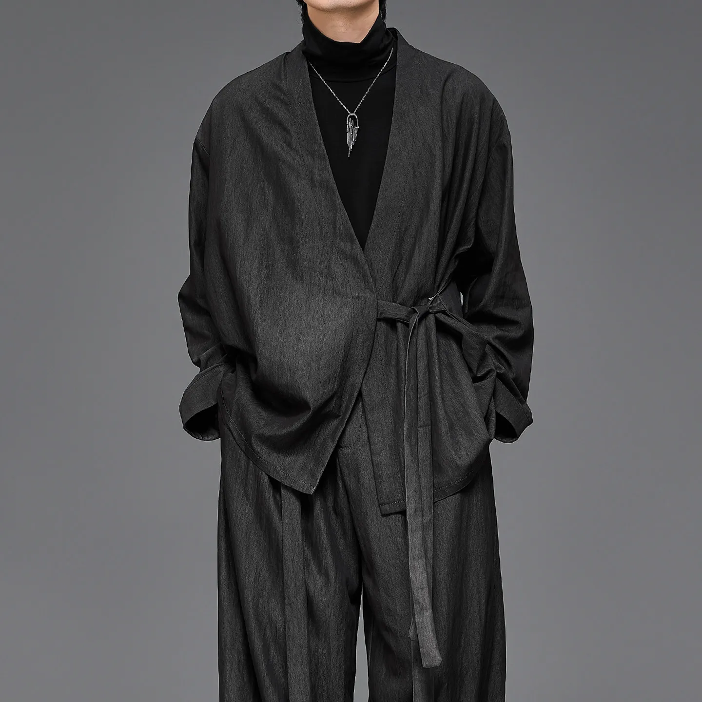 Japanese-Style Retro Cardigan Robe Suit Boys and Girls Spring and Autumn Monsoon Simple Black Loose Jacket Coat