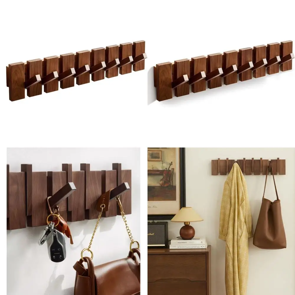 

Walnut Wall-Mounted Coat Rack with 8 Hooks for Coats, Keys, Hats, and Bags