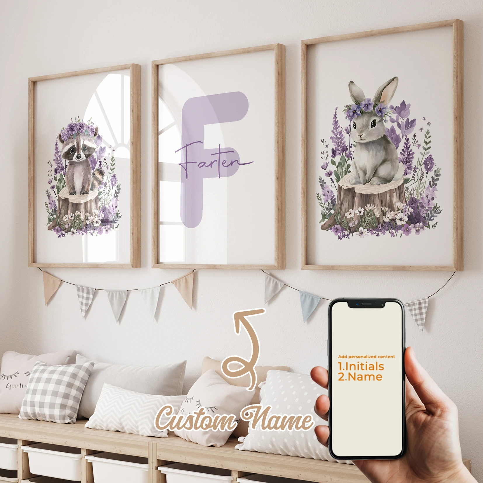 

3pcs Personalized Name Custom Purple Raccoon Rabbit Flower Tree Stump Wall Art Print Picture Living Room Kids Room Home Decor