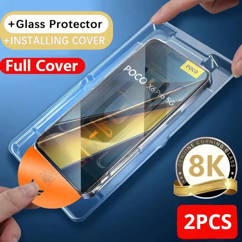 2PCS 8K Dust Free Glass For POCO X6 F6 Pro X5 X4 GT M5S F3 F4 HD Oleophobic Coating Screen Protector for POCO M4 Pro 5G