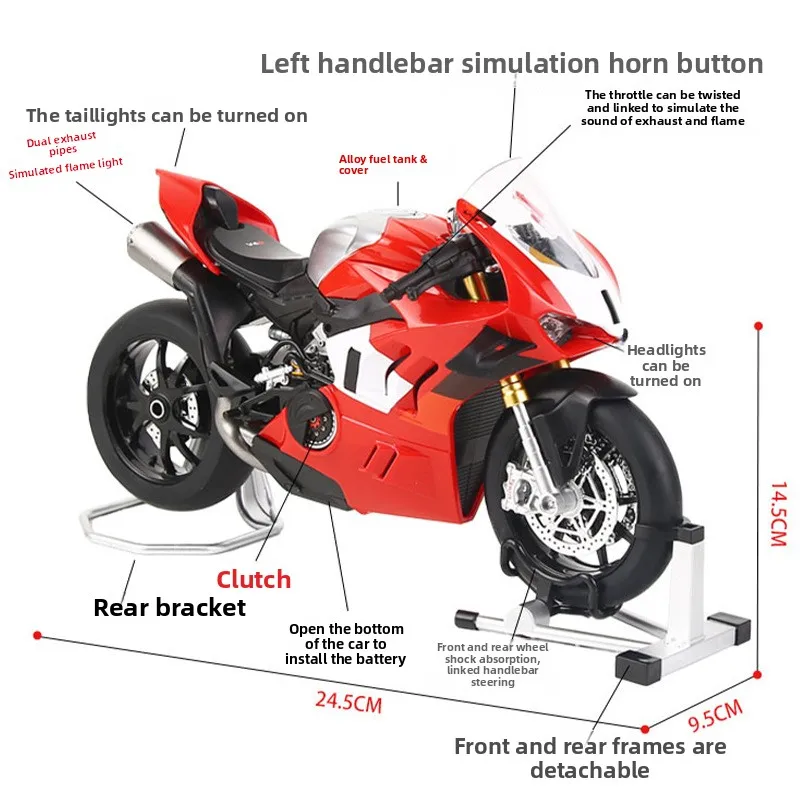 1:9 v4r tubo de escape duplo alta simulação liga metal diecast modelo motocicleta som e luz caixa presente aniversário para menino