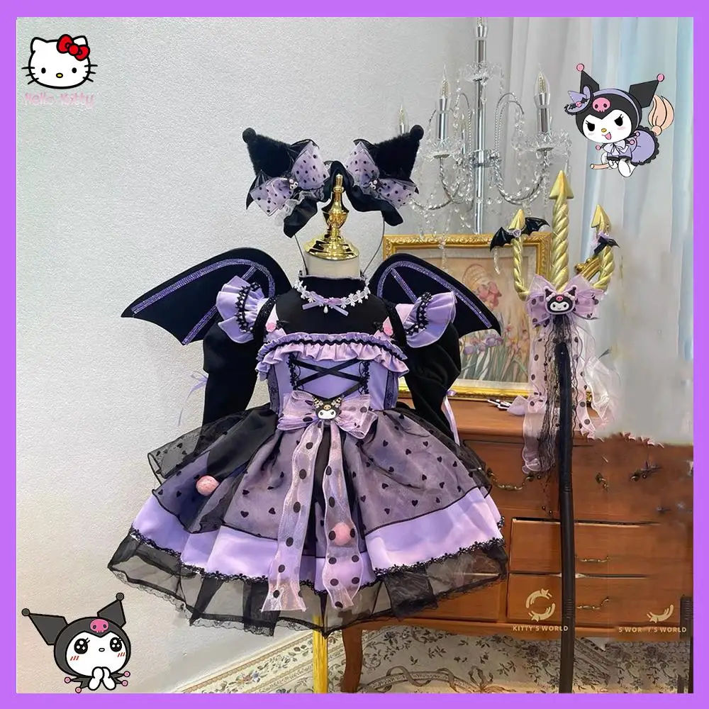 Anime Kuromi Girl Cute Cartoon Lolita Dress Sanrio Autumn Winter Birthday Cos Party Role Play Tutu Dress Halloween Costume Gift