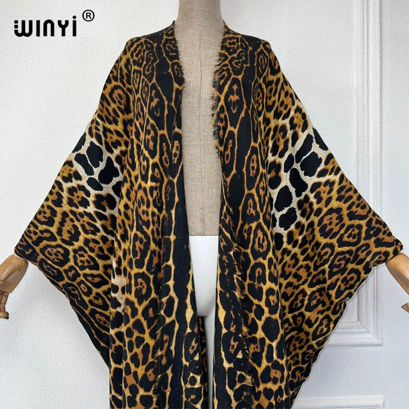 WINYI 2023 new winter clothes for women Leopard print Africa Luxury Long Fur Loose dress Thick Warm long down coat winter abaya