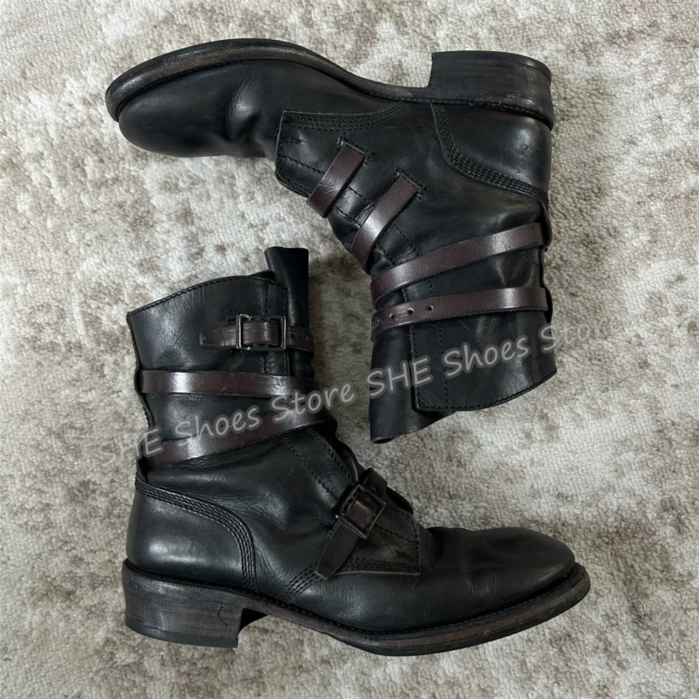 Male Vintage Distressed Leather Mid Calf Boots Punk Multi Buckle Strap Chunky Heel Motorcycle Boots Outside Streetwear Footwear
