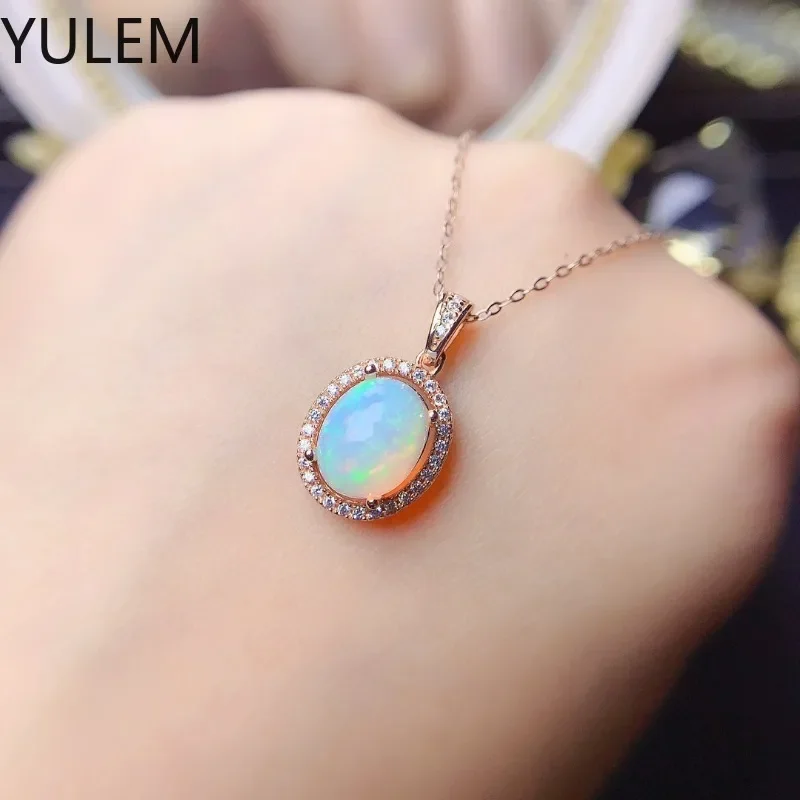 YULEM Natural Opal 8x10mm Silver 925 Pendant with Chain October Birthday Gem Stone for Women Daily Wear