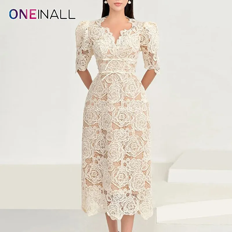 ONEINALL Patchwork Floral Embroidery Dresses For Women V Neck Short Sleeve High Waist Hollow Out Temperament Dress Female Summer