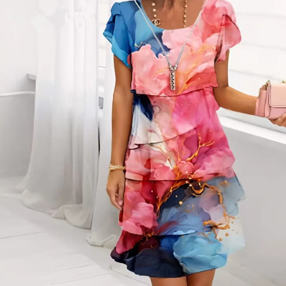 Moda em camadas babados vestido curto para o verão feminino casual impresso de manga curta solto elegante feminino praia férias vestidos