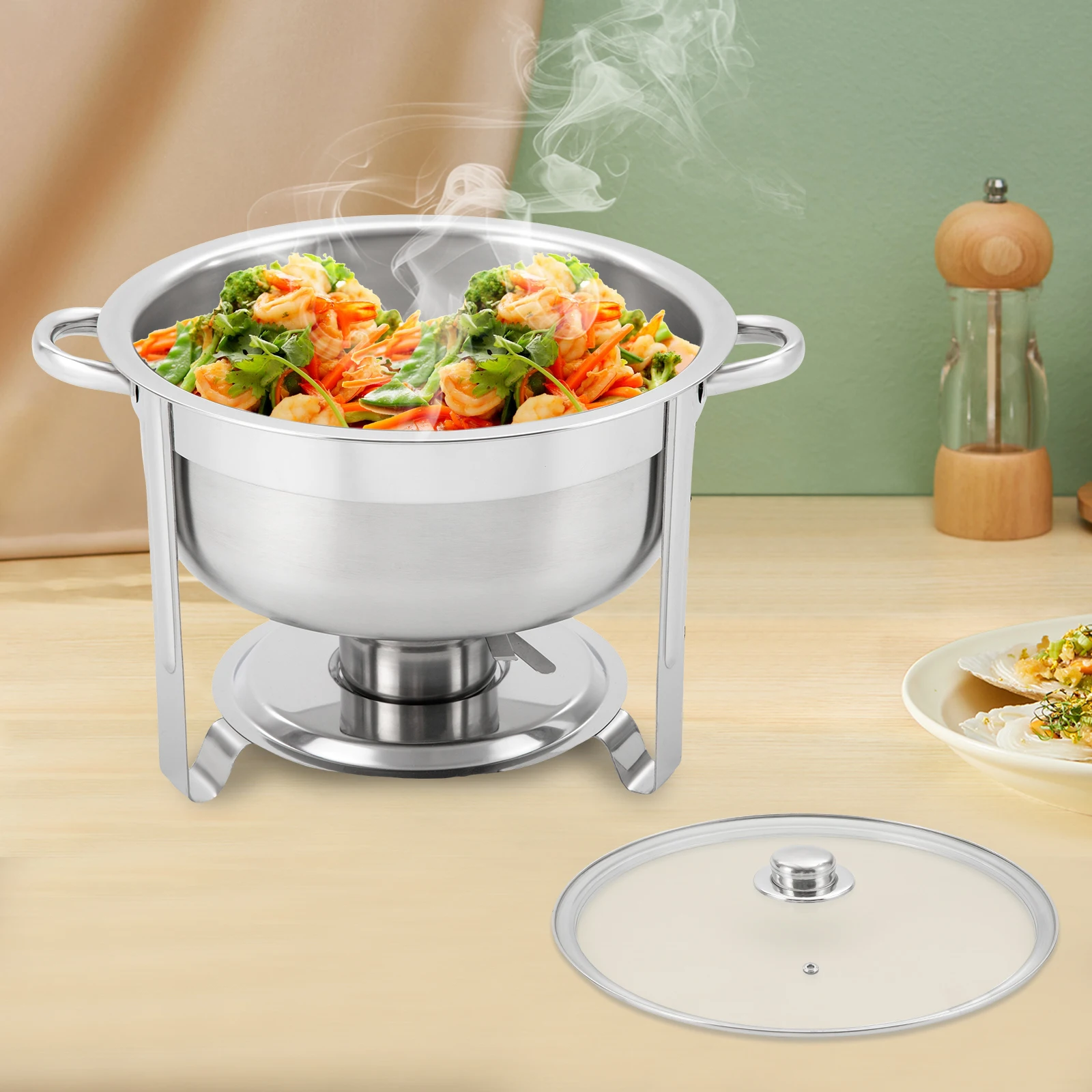 

Round Chafing Dish, 8.5L Stainless Steel Food Warmer with Glass Lid, Double Pot Container for Buffet Catering Gastro and Party
