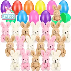 12-100 Filled Easter Eggs with Plush Bunny Plastic Easter Eggs Prefilled Stuffed Animals for Egg Hunt Easter Basket Party Favors