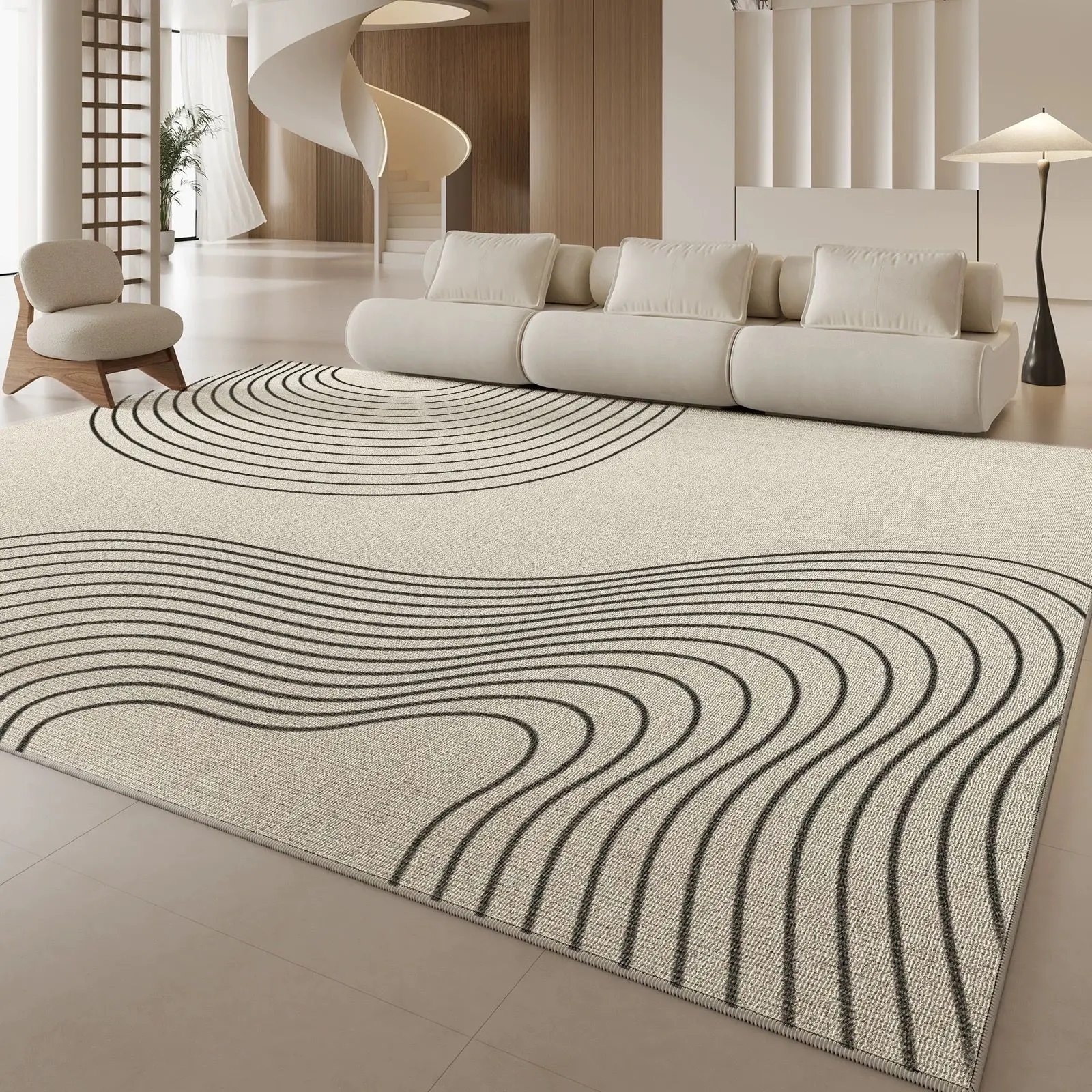 VIKAMA Beige Wavy Line Area Rug Washable Non Slip Living Room Carpet Minimalist Neutral Abstract Home Floor Decor Rug