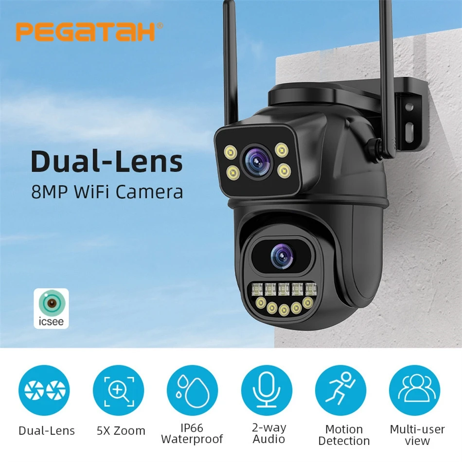 

PEGATAH 8MP WIFI PTZ IP Camera 4K HD Dual Lens Smart Home Night Vision Human Detection Outdoor CCTV Security ICSEE WIFI Camera