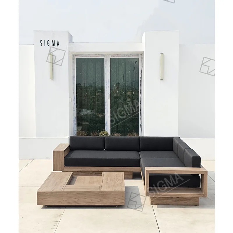 모던 가든 L자형 섹셔널 소파 티크 원목 고급 야외 라운지 티크 시그마 가구 파티오 정원 가구 세트