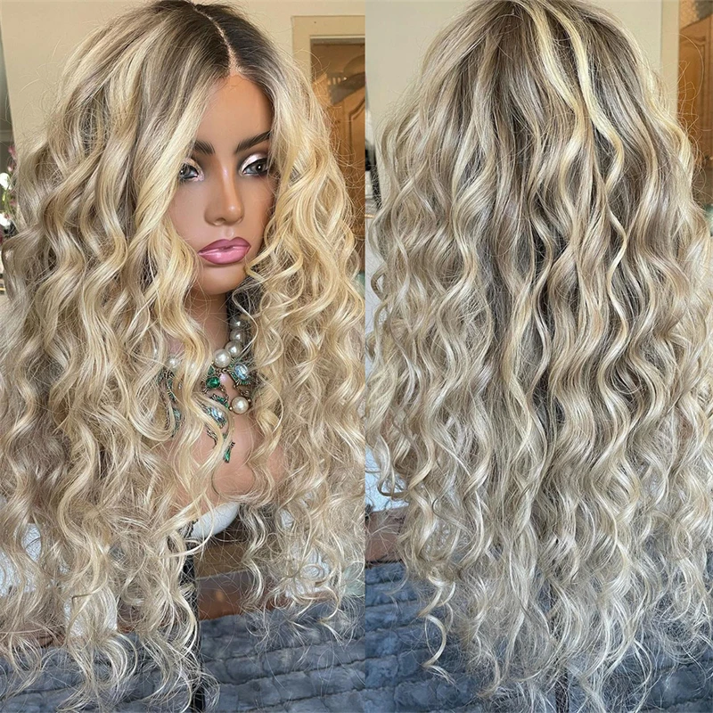 

High Quality Cosplay Creamy Ash Blonde Balayage Kinky Curly Wig Premium Human Hair Blend Synthetic Invisible Lace Front Wig