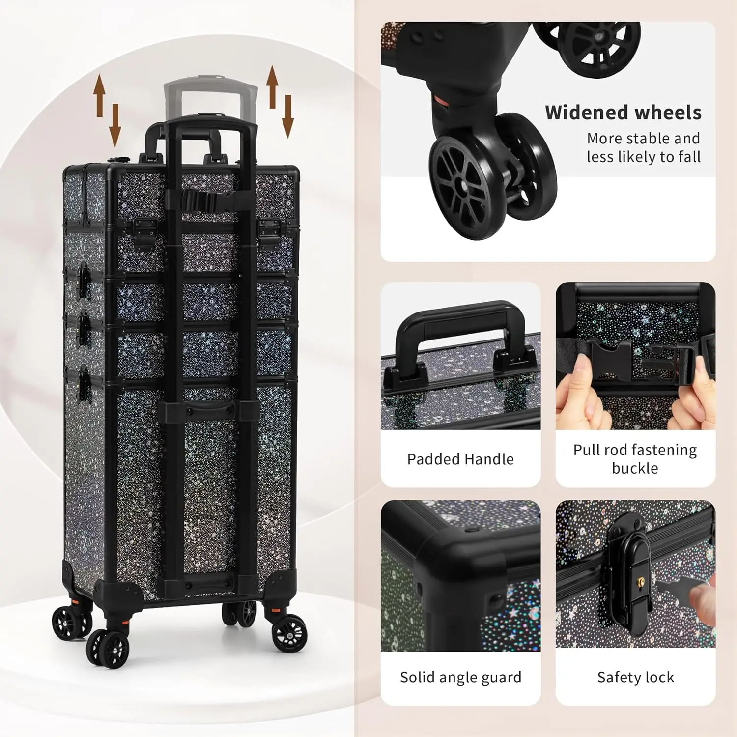 Rolling Makeup Train Case 5in1 Cosmetology Case on Wheels Large Cosmetic Organizer Travel Cart for Hairstylist Artist Nail Salon