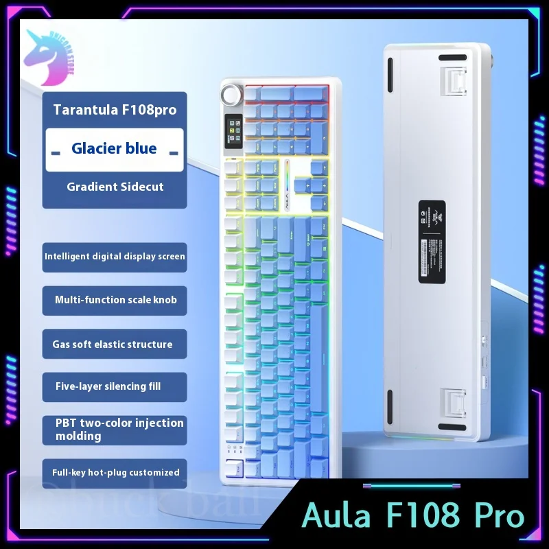 Aula F108Pro Mechanical Keyboard Bluetooth Wireless Keyboard Three Mode Multi functional knob Customized Gasket Keyboard PC Gift