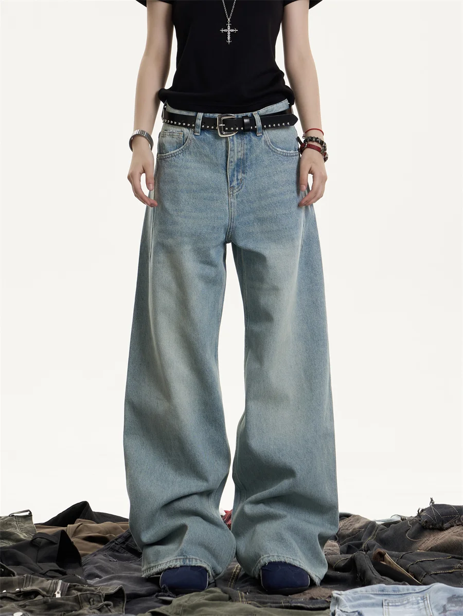 

Американские винтажные джинсы из денима, женские свободные прямые широкие брюки в пол, повседневные длинные брюки с высокой талией